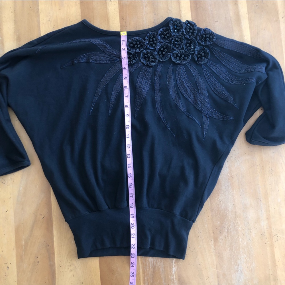 Vintage 80s Black Sweatshirt Batwing Beaded Sequins Flower Appliqué Decorative - Picture 9 of 14